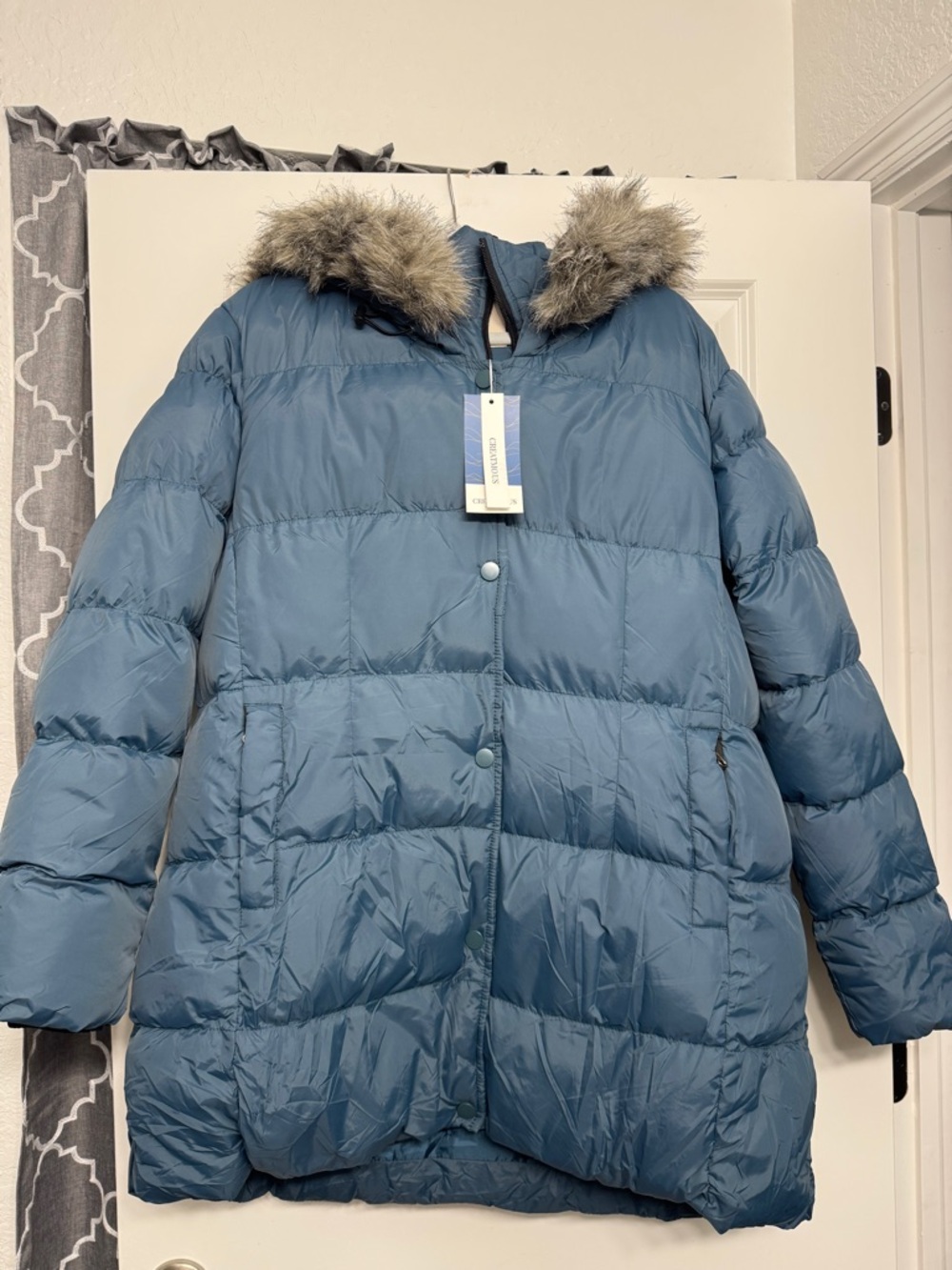Women's Blue Puffer Coat with Faux Fur Hood - Unbranded